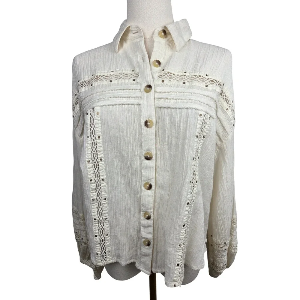 Free People Summer Stars Blouse Medium Ivory Gauzy Crochet Western Boho Top